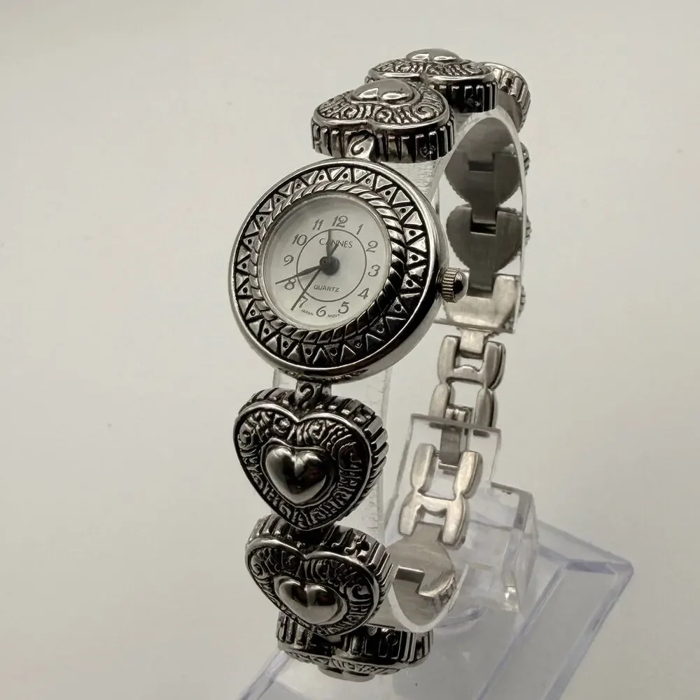 Cannes Quartz Western Style Filigree Heart Medallion Bracelet Watch New Battery